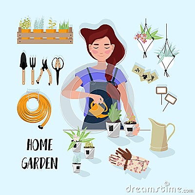 Girl caring for house plants in urban home garden . Vector Illustration